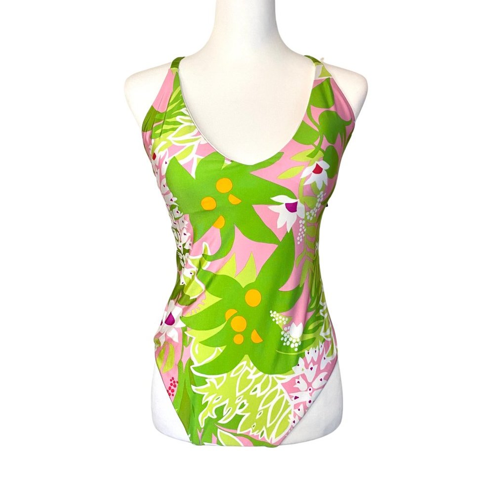 TRINA TURK La Palma TWIST BACK HALTER MAILLOT V-Neck One Piece Swimsuit / NWT